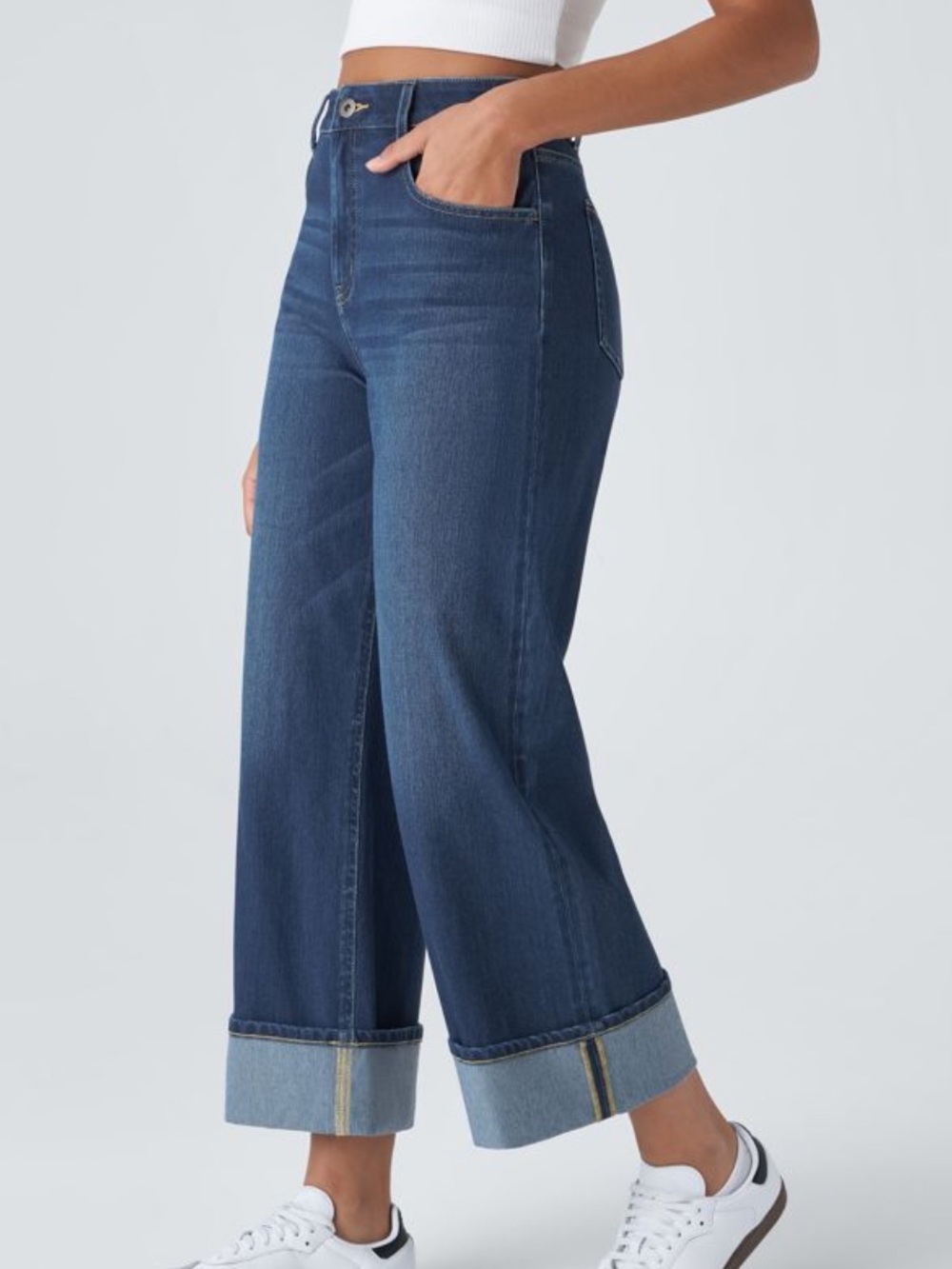 Halara Flex High Waisted Loose Wide Leg Cuffed Casual Travel Work Blue Jeans LP